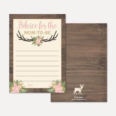 a mother's day card with deer antlers on it and the words advice for the mom - to - be