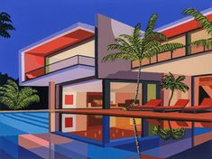 a painting of a modern house with pool and palm trees