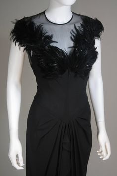 JEAN CAROL 1930's Feather Bust Gown with Drape and Sheer Bodice Size 2 For Sale at 1stdibs Gown With Drape, Feather Applique, Fashion Design School, American Fashion Designers, Black Prom Dress, Evening Dress Fashion, Black Prom, A Line Prom Dresses, A Line Gown