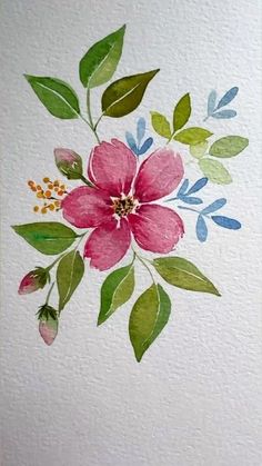 a watercolor painting of pink flowers and green leaves on white paper with blue accents