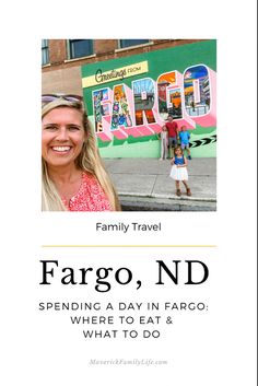 a woman standing in front of a building with the words fargo, nd