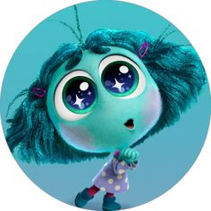 a cartoon character with blue hair and big eyes