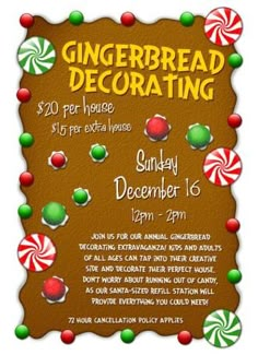 a gingerbread decorating flyer with candy canes and candies on the front