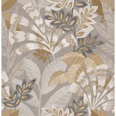 an abstract floral wallpaper with gold and silver leaves on grey, beige and white background