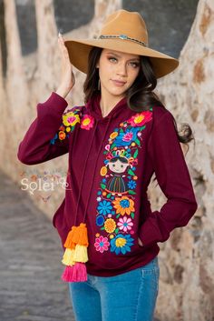 This cute Sweatshirt is perfect for feeling warm and comfortable yet looking stylish with the Embroidered Floral design on the front. The material is high quality and a combination of cotton and spandex for a comfortable yet slim looking fit. Find the earrings modeled here: https://www.etsy.com/es/listing/789091492/aretes-artesanales-pintado-a-mano-aretes?ref=listings_manager_grid Embroidered Hoodie For Fall, Embroidered Graphics Hoodie For Fall, Cute Embroidered Long Sleeve Hoodie, Embroidered Relaxed Fit Long Sleeve Hoodie, Cute Hooded Tops With Embroidered Graphics, Red Embroidered Hoodie For Fall, Embroidered Red Hoodie For Fall, Womens Sweatshirts, Floral Hoodie