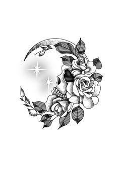 a black and white drawing of a half moon with roses on the side, surrounded by stars