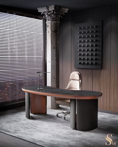 an office desk with a chair in front of it and blinds on the wall behind it