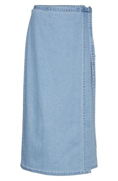 Fall for the wrapped silhouette of this longline skirt crafted from stonewashed denim. 35" length Ties at side Unlined 53% cotton, 35% polyester, 11% viscose, 1% elastane Machine wash, dry flat Imported Denim Wrap Skirt, Wrap Midi Skirt, Maxi Dress Wedding Guest, Maxi Dress Wedding, Summer Jacket, Jeans Rock, Linen Trousers, Floral Dress Summer, Light Blue Denim