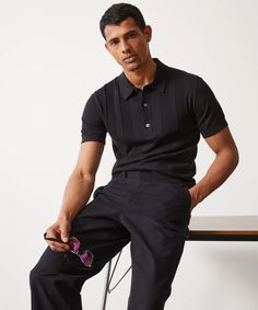 Silk Cotton Ribbed Polo in Black Todd Snyder Champion, Sweatshorts Shorts, Fall Suit, Cashmere Accessories, Denim Sweater, Slim Fit Suits, Fitted Suit, Shell Buttons, Casual Tank Tops