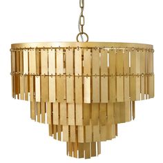 a chandelier made out of wooden strips hanging from a chain on a white background