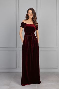 Dark Burgundy Velvet Dress, Bridesmaid Dress, Off The Shoulder Dress, Wedding Guest Dress, Evening Dress, Velvet Long Dress, Formal Dress. This dress is perfect for any occasion- can be like a bridesmaid dress, wedding guest dress, evening gown, mother of the bride dress, evening dress, reception dress, maid of honor dress or simple wedding dress. More Velvet dresses you can find here: https://www.etsy.com/shop/DesirCouture?ref=shop-header-name&listing_id=1164808298&from_page=listing&section_id= Floor-length Wedding Dresses With Sashes, Fitted Red Dresses With Sashes, Red Fitted Dress With Sashes, Couture Bridesmaid Dresses, Velvet Dress Maxi, Burgundy Velvet Dress, Velvet Dress Long, Velvet Bridesmaid Dresses, Burgundy Bridesmaid