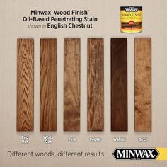 several different types of wood finish options for furniture and floor coverings, including white oak, red oak, yellow oak, black walnut, or minwax