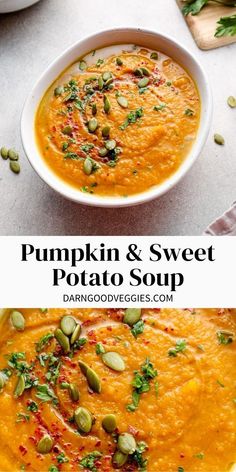 pumpkin and sweet potato soup in a white bowl with green garnish on top