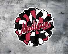 the word madison in red and black on a gray background with an abstract swirl design