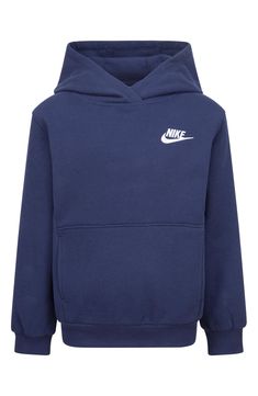 This quintessential, sporty hoodie is made from a cozy cotton blend and marked with an embroidered Futura logo, all in a scaled-down kids' size. Fixed hood Kangaroo pocket 60% cotton, 40% polyester Machine wash, tumble dry Imported Nike Cotton Sweats For Winter, Nike Cotton Hooded Sweatshirt, Winter Fleece Hoodie With Logo Detail, Winter Sportswear Hoodie With Logo Detail, Navy Hoodie With Embroidered Logo, Navy Long Sleeve Hoodie With Embroidered Logo, Sportswear Hoodie With Logo, Sportswear Hoodie With Logo And Long Sleeves, Sportswear Long Sleeve Hoodie With Logo