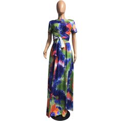 Hot Sales Women Plus Size Set Tie Dye Print Short Sleeve Bandage Crop Tops Loose Long Skirts 2 Piece Sets Green Fitted Wrap Maxi Dress, Summer Maxi Dress With Sashes, Plus Size Set, Bandage Crop Top, 2 Piece Sets, Long Skirts, Tie Dye Shorts, Tie Dye Print, Long Skirt