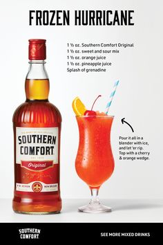 a bottle of southern comfort next to a glass filled with ice and garnish