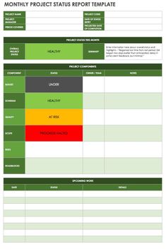 the project status report is shown in green and red, as well as other items