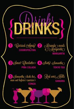 a menu for drinks with different types of drinks on it and the words drinks written in gold