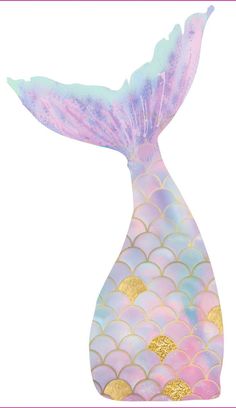 a pink and blue mermaid tail shaped vase with gold glitters on the bottom, sitting in front of a white background