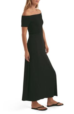 "Find FAVORITE DAUGHTER The Genevieve Off The Shoulder Maxi Dress on Editorialist. A knit-to-fit dress keeps it smooth, simple and sultry with a shoulder-showing design and a curve-hugging silhouette. 47\" center front length (size Medium) Off-the-shoulder neck Short sleeves Unlined 93% rayon, 7% spandex Hand wash, dry flat Imported" Off The Shoulder Maxi Dress, Shoulder Day, Daughters Day, Hugging Silhouette, Black Off Shoulder, Cotton Blends Dress, Strapless Maxi, Favorite Daughter, Strapless Maxi Dress