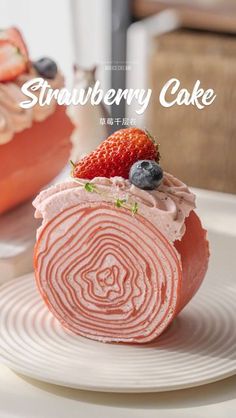 Cake With Toppings, Red Velvet Food, Strawberry Crepe Cake Recipe, Cheese Paste, Recipe Crepes, Red Velvet Cake Roll, Blueberry Recipe, Blueberries And Cream