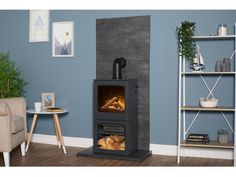 a wood burning stove in a living room