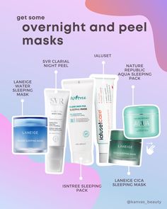 the contents of an overnight and peel mask on a colorful background with text that says, get some overnight and peel masks