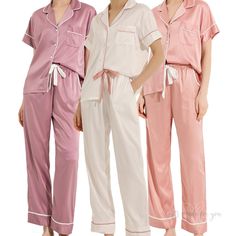 Our customized silky and soft pajamas are a great idea as a bachelorette party gift, birthday gift for her, Mother's Day Gift, Valentine's Day Gift,  New Year and Christmas gifts. Choose to customize your pajamas with custom name, monogram initials or any other wording to add a special touch. 15 Colors available: White, champagne, blush, dusty rose, pink, maple red, mauve, green, blue, navy, wine, black and more. 🤍DETAILS -2 Pockets -Waist adjustable belt -Delicate Button -Silky Polyester  🤍SI Pink Satin Home Sets, White Satin Pajama Party Sets, White Satin Sleepwear For Pajama Party, Pink Satin Pajama Party Sets, Bridesmaid Pajamas, Bridesmaid Pyjamas, Soft Pajamas, Women's Pajamas, Personalized Bridesmaid Gifts