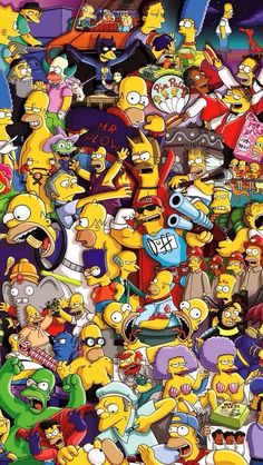 the simpsons characters are all grouped together in this cartoon character wallpaper, which features many different