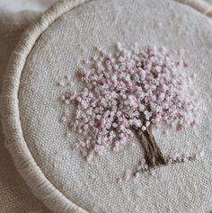 a close up of a embroidery on a piece of cloth with a tree in the middle