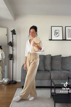 Dress Pants And Button Up Women, Trousers With Button Up Shirt, Oversized Tailored Pants, Trouser Look Women, Women’s Casual Trousers Outfit, Archer Pants Princess Polly, Sheet Button Up Shirt Outfit, Shirt Wide Pants Outfit, Oversized Shirt And Trousers Outfit