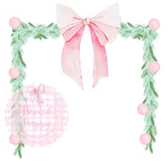 a pink and green christmas frame with a bow on it's side, surrounded by decorations