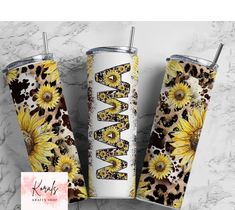 three sunflowers and leopard print tumblers with the word mama on them, sitting next to each other