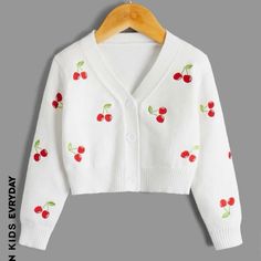 Brand New Condition. Worn Once. Size 4y But Cropped Cherry Jeans, Shein Shirts, Cherry Sweater, Cherry Shirt, Tops Shein, Embroidered Cardigan, Cherry Print, Fruit Print, Cute Sweaters