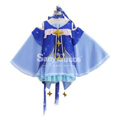 a blue and white dress with gold stars on the collar, long sleeves and an open cape