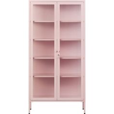 a pink bookcase with three shelves on the front and two doors at the bottom