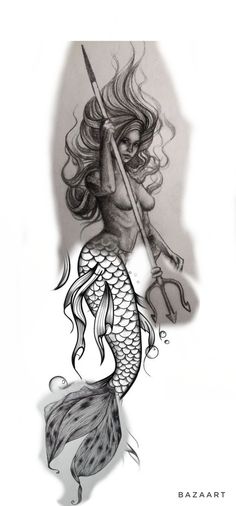 a drawing of a mermaid holding a spear