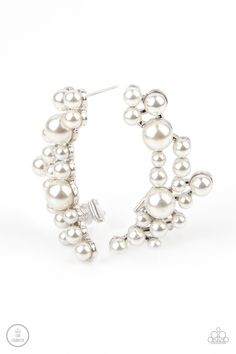 A collection of bubbly white pearls dot a shiny silver frame that branches up the ear for a modern, timeless twist. Earring attaches to a standard post fitting. Features a clip-on fitting at the top for a secure fit. Sold as one pair of ear crawlers. P5PO-CRWT-253XX White Elegant Metal Clip-on Earrings, White Metal Clip-on Earrings For Evening, White Metal Clip-on Earrings With Pearl Drop, Cheap White Pearl Clip-on Earrings, White Metal Pearl Drop Clip-on Earrings, Ear Crawlers, Ear Crawler Earrings, Crawlers Earrings, Nickel Free Jewelry