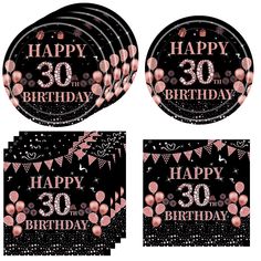 pink and black 60th birthday party plates with confetti on the side, set of 6