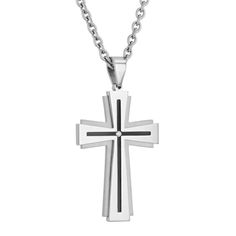 1/20ctw diamond stainless steel cross pendant. Includes a 24-inch stainless steel link chain necklace with lobster claw closure. Stainless Steel Cross Jewelry With Polished Finish, Minimalist Stainless Steel Cross Pendant Jewelry, Modern Stainless Steel Cross Necklace For Gift, Modern Stainless Steel Cross Pendant Necklace, Modern Crucifix Necklace As Gift, Modern Stainless Steel Cross Jewelry, White Gold Stainless Steel Cross Pendant Necklace, White Gold Stainless Steel Cross Necklace, White Gold Stainless Steel Crucifix Necklaces