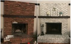 two pictures of a brick fireplace with white paint