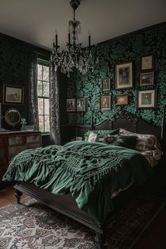 a bed sitting in a bedroom next to a chandelier above a wooden headboard