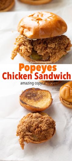 an image of chicken sandwich on top of some other food items with the words pope's chicken sandwich over it