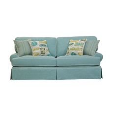 The Blue Bay Sofa enhances your coastal living room with a beautiful aqua color with ivory contrast welt in a coastal theme. High quality conjugate fiber wrapped around high density foam for a light, cool feel Brown plastic legs 90"W x 39"D x 40"H Spot clean Includes four accent pillows Aqua Minor assembly Reversible back cushions Made in the USA Skirted Sofa, Beds For Small Spaces, Beach Pattern, Foam Sofa, Coastal Theme, Tailored Skirt, Blue Bay, Ivory Background, Rolled Arm Sofa