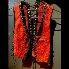 One-Of-A-Kind Custom Red Leather Corseted Vest Or Crop Top With Grommeted Sides And Back For A Perfect Fit. A Showstopper! Made By Zotis (Project Runway) Red Leather Corset, Punk Corset, Corset Vest, Make An Outfit, Vest Crop Top, Red Vest, Shirt Vest, Project Runway, Leather Corset