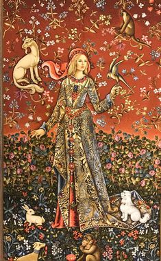 an image of a woman surrounded by animals and flowers in the background is a red sky