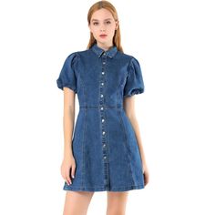 This shirt dress is cut from stretchy denim and is meant to be worn for every fun day on your agenda. This sweet a-line dress has a denim construction that shapes the collared and vintage puff sleeves. A set of princess seams frame the full button placket that spans from the bodice to the mini hem. Pair this cutie with your fave plimsolls for the cutest casual style! Mini Denim Dress, Dress Dark Blue, Floral Shirt Dress, Blue Fits, Mod Dress, Western Dresses, Retro Outfits, Jeans Dress, Puff Sleeves