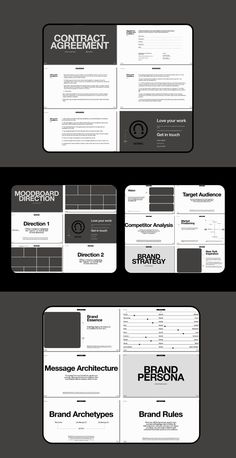 three different types of brochures with black and white text on the front, back and