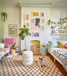 a dog is laying on the floor in front of a living room filled with furniture